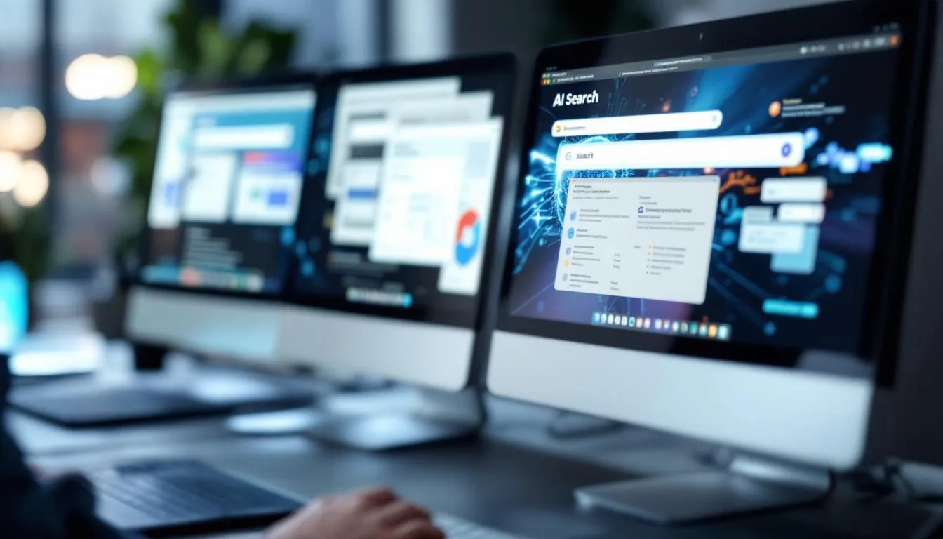 The image displays various computer screens showcasing different AI search platforms, highlighting the evolution of search engines from traditional methods to AI-powered tools. These platforms emphasize search engine optimization strategies and the significance of AI-driven search results in enhancing website visibility and user experience.